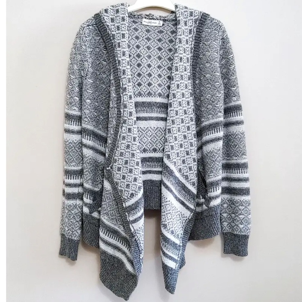 Abercrombie & Fitch Open Front Hoodie Knit Cardigan Sweater Gray Stripes Pockets